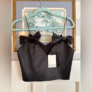 Zara Black Satin Bow-Shoulder Crop Camisole Size Medium